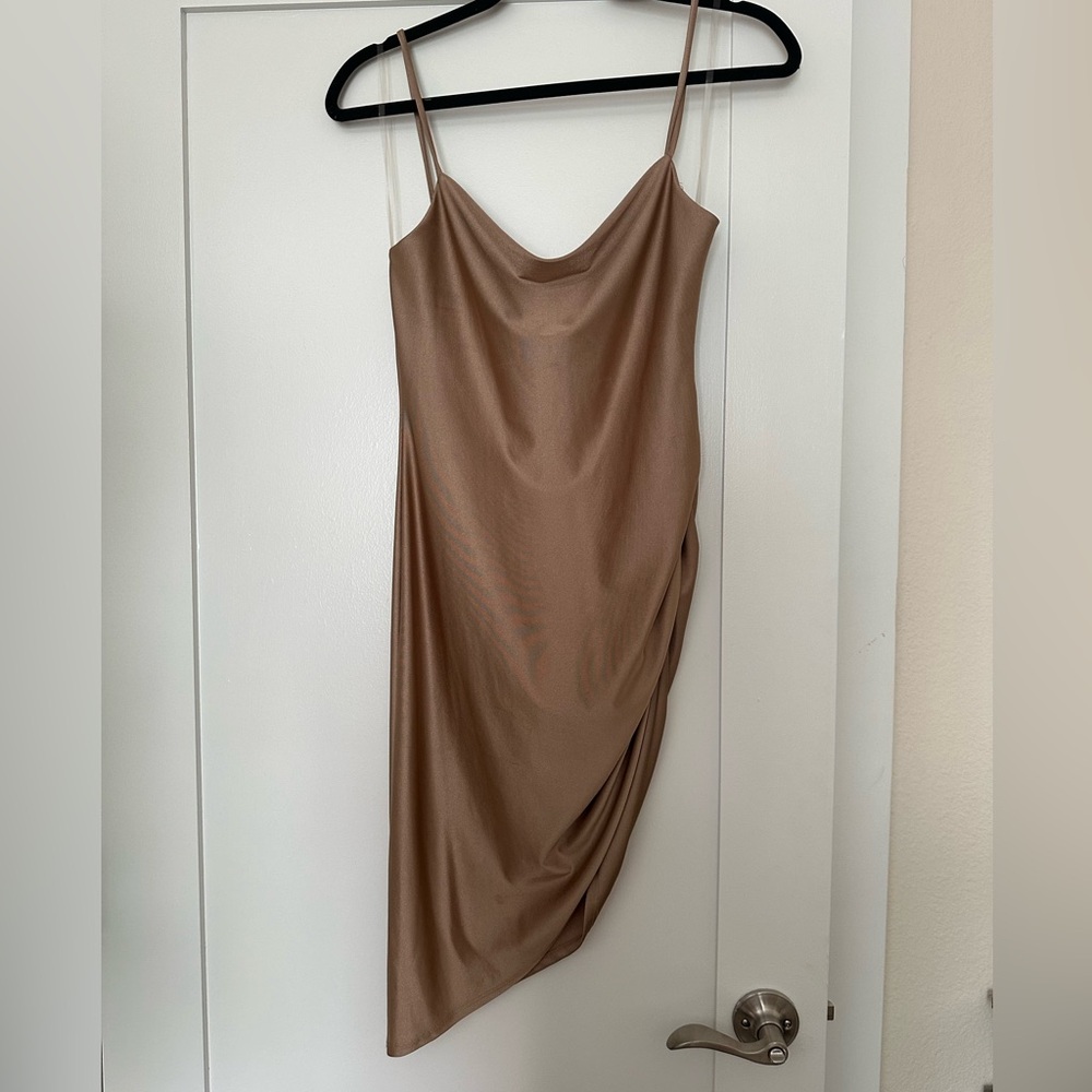 Ruched, bodycon, beige dress